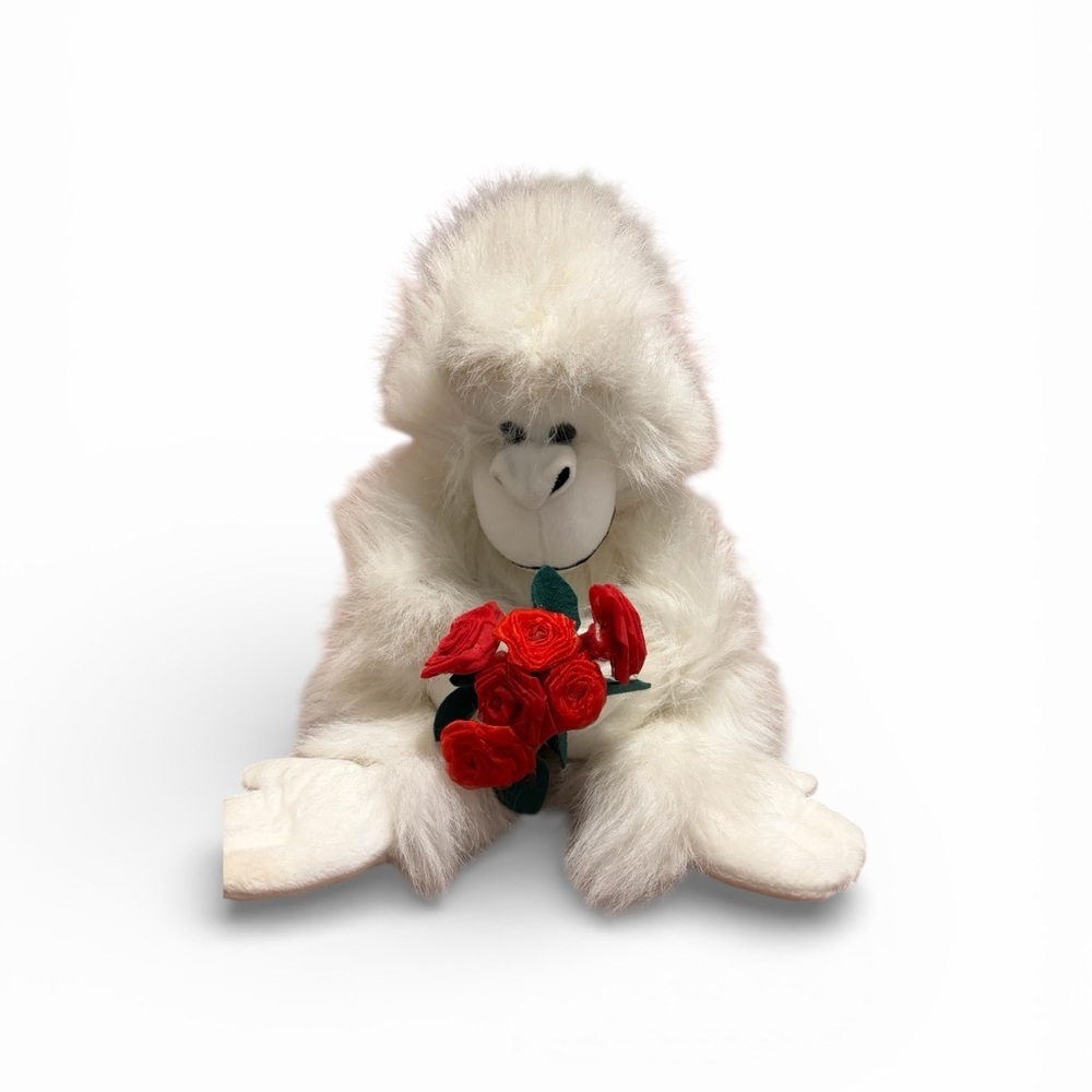 Fluffy White Stuffed Monkey Gorilla‎ with Red Flowers Valentine’s Day Sweetest